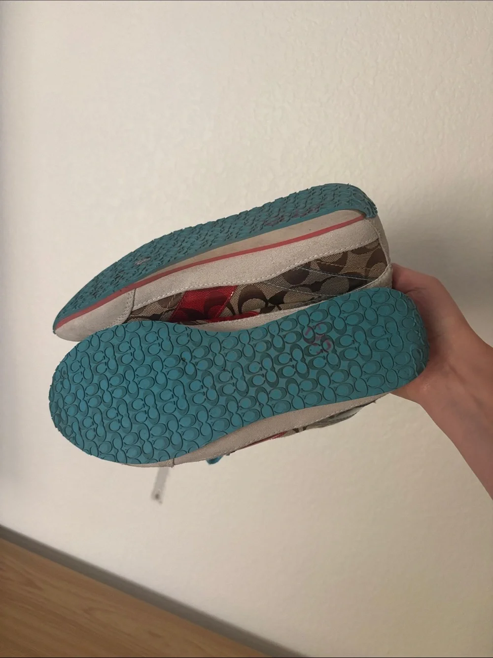 Coach Beige Signature Print Sneakers with Red Stripe and Teal Accents